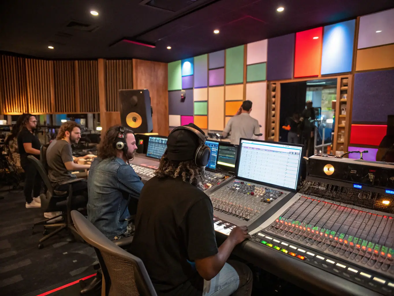 A vibrant image depicting a recording session in a professional music studio, showcasing artists collaborating and utilizing high-end audio equipment, reflecting METEOR SHOWER PRODUCTION's support for artistic production.