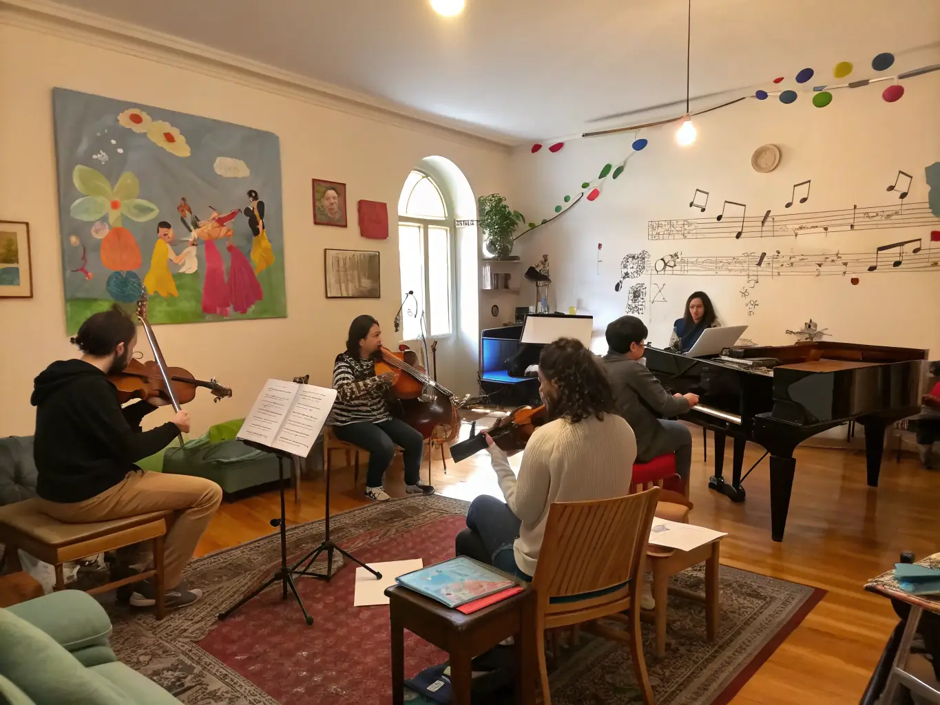 A photograph capturing a community workshop where participants are actively engaged in a music-related activity, fostering collaboration and learning.
