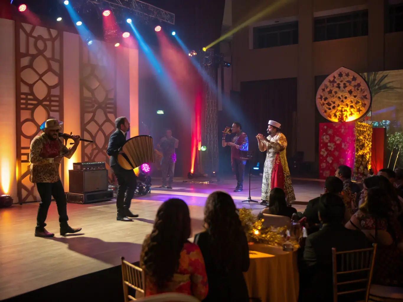 A dynamic image capturing a live music performance at a cultural event organized by METEOR SHOWER PRODUCTION, featuring diverse musicians and an engaged audience, highlighting the organization's role in cultural event organization.