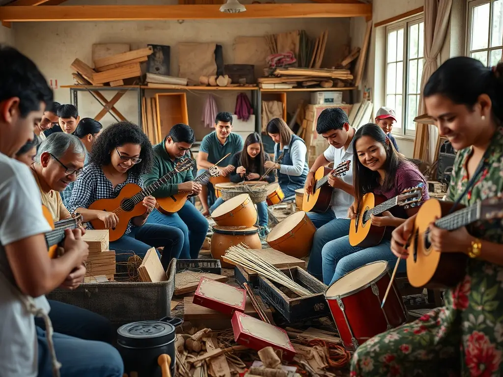 An image showing a community workshop facilitated by METEOR SHOWER PRODUCTION, where participants are actively involved in a music-related activity, emphasizing the organization's commitment to community cultural engagement.
