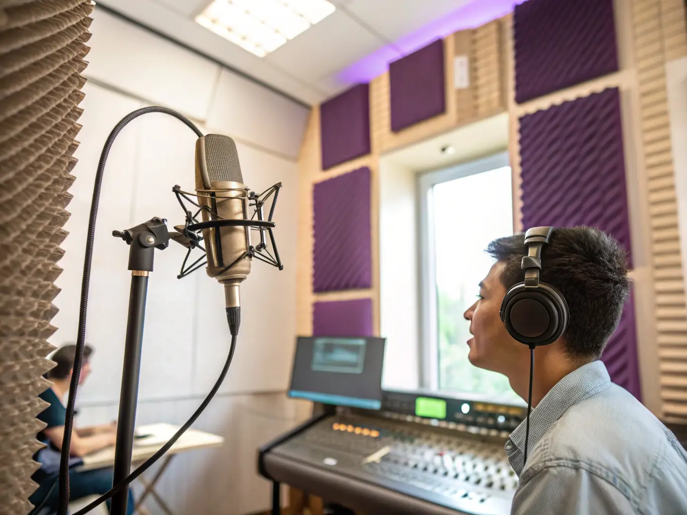 An image of artists recording in a professional studio with state-of-the-art equipment and a producer guiding the session, representing the Artistic Production Support program.